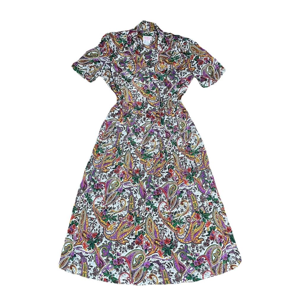 80s Paisley Midi Dress Size 12 Pleated Cottagecore USA Lady Carol Shoulder Pads